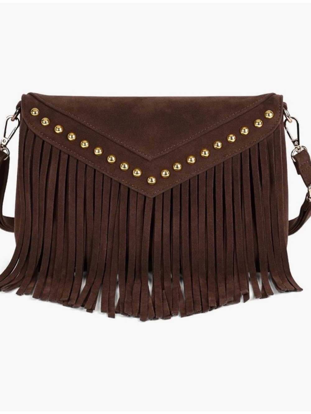NWT, Brown Western Boho Suede Fringe Crossbody Bag with Stud Details - Picture 10 of 13